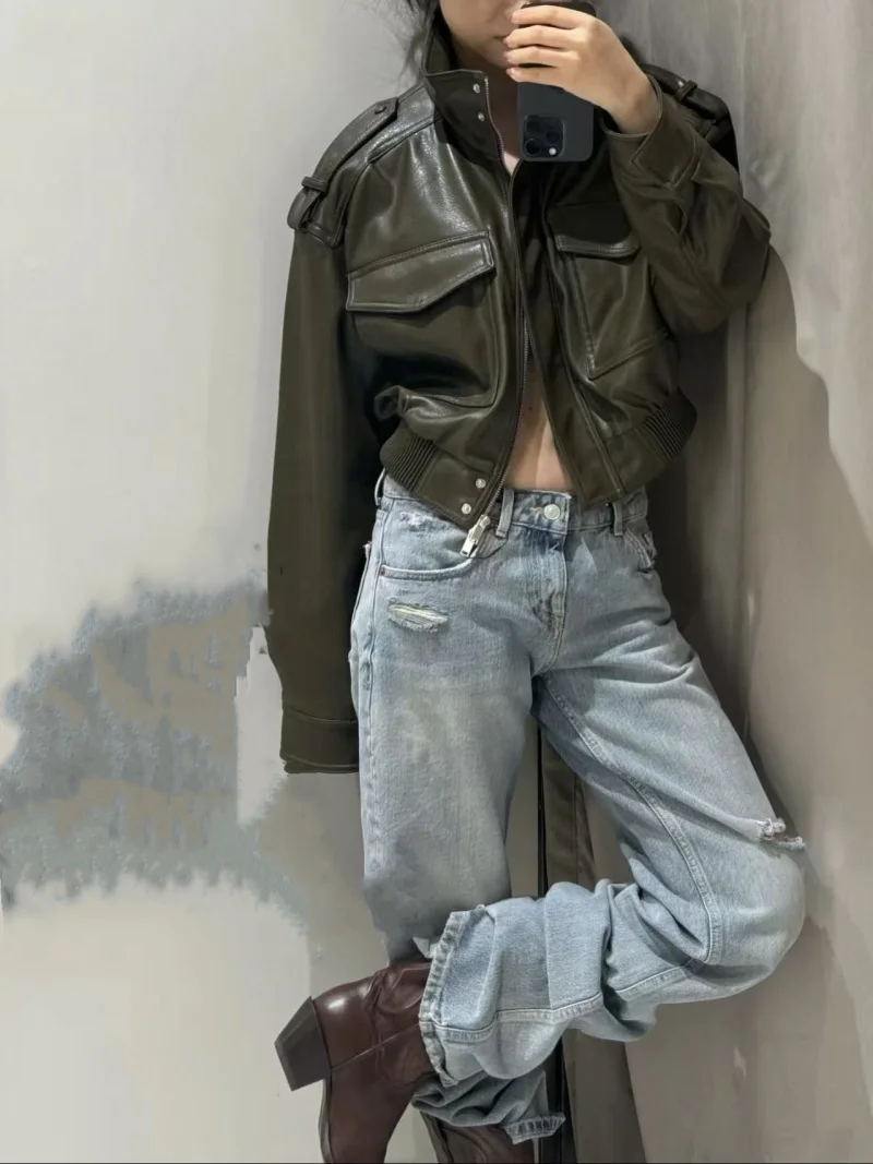 ETJ 2025 Nuova collezione da donna: giacca corta da motociclista con colletto rialzato Y2K giacca in ecopelle lucida con tasche grandi