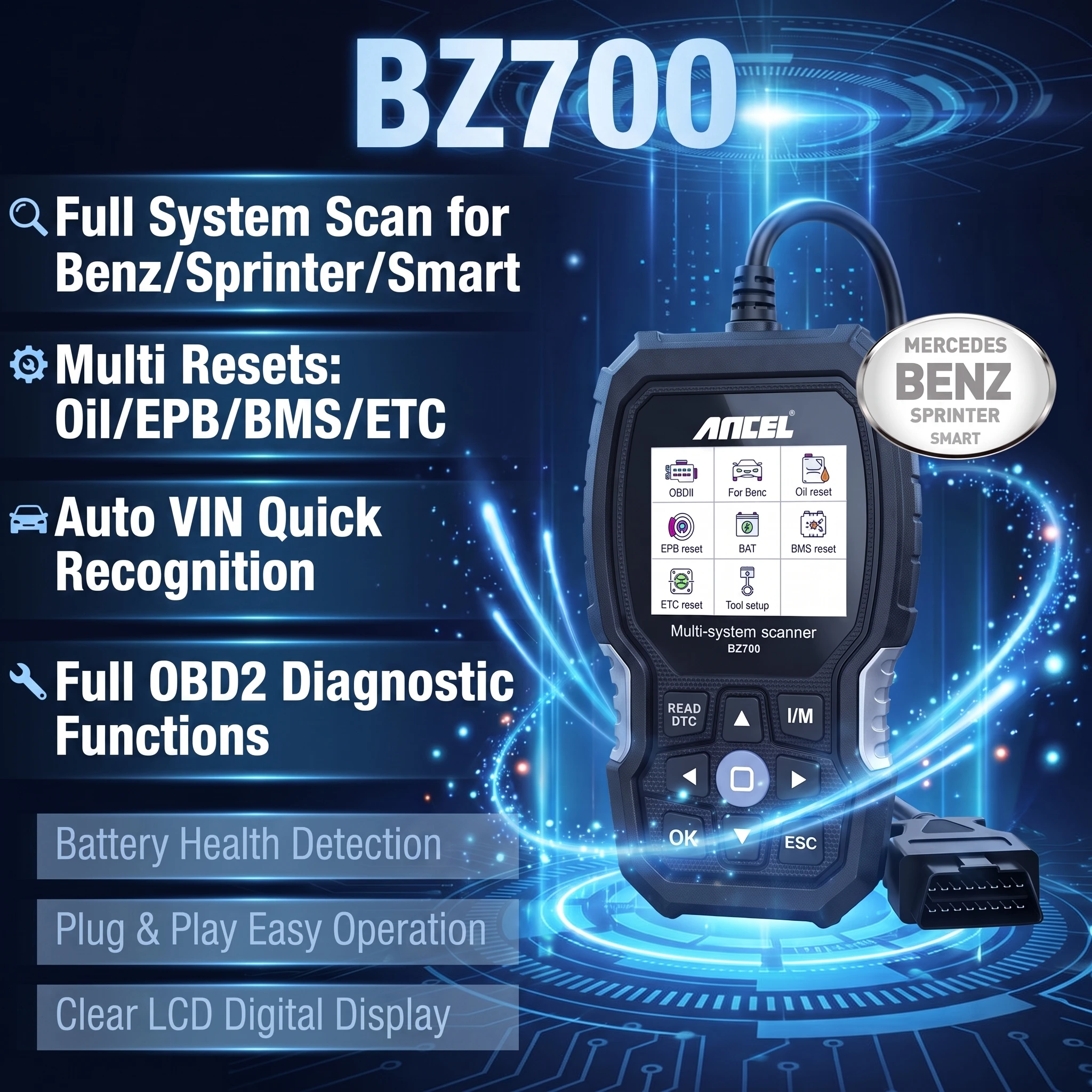 ANCEL BZ700 OBD2 Scanner Professional Car Code Reader for Mercedes All System ABS SAS TPMS Reset Auto Diagnostic Tools for Benz