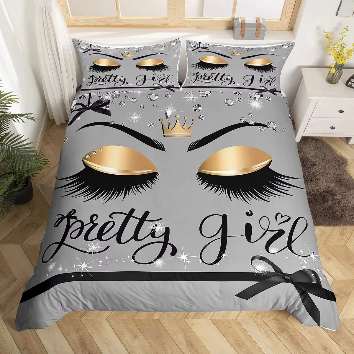 Girls Crown Eyelash Duvet Cover Twin Queen Size Gorgeous Glitter Diamond Princess Style Bedding Set Romantic Bowknot Quilt Cover
