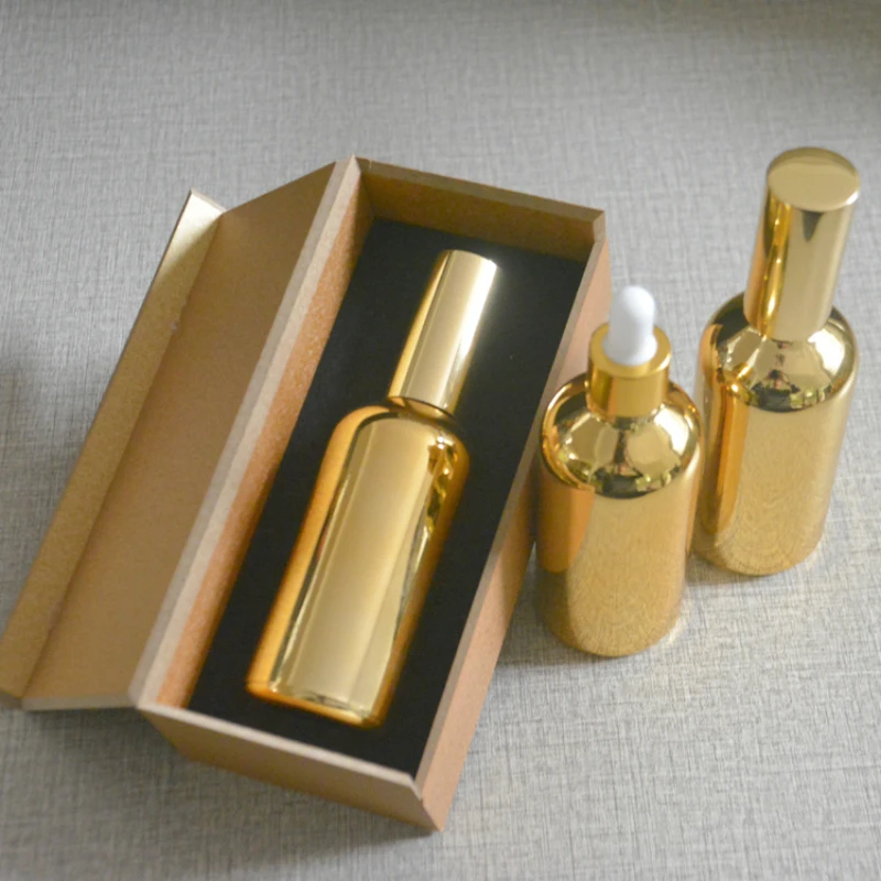 4pcs 100ml High temperature gold plated dropper bottle With wooden box,empty glass essential oil bottle, perfume subpackage jar