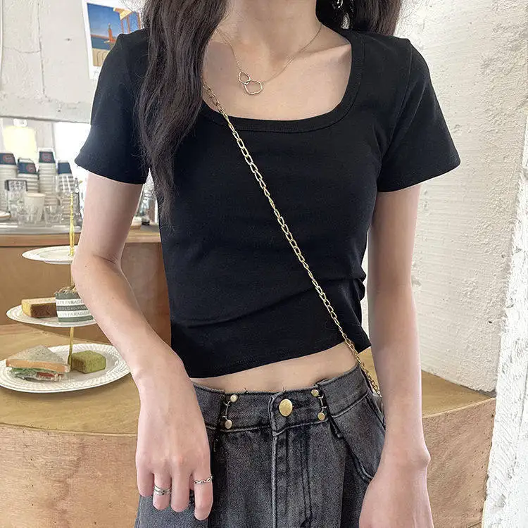 Slim Fit Short Sleeve T-Shirt Women's Square Collar  Color Summer Fashionable High Waist Commute Style Korean Version