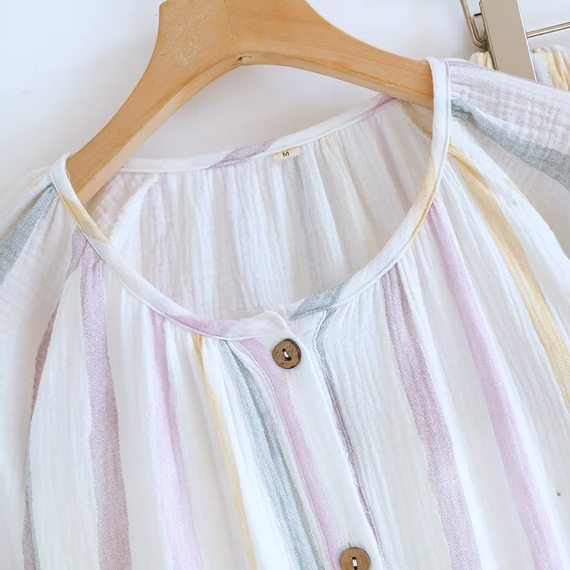 Wiosenny zestaw pidżama z długim rękawem z gazy bawełnianej z okrągłym dekoltem w kolorowe paski piżama dla kobiet luźne i swobodne długie spodnie