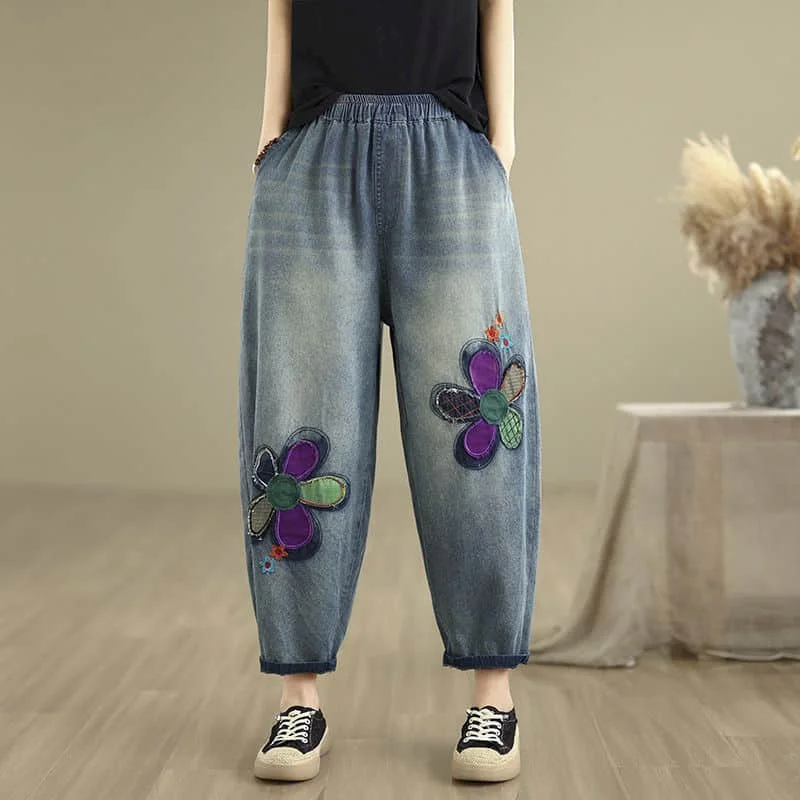 

Укороченные джинсы женские повседневные свободные контрастные цвета лоскутные джинсовые шаровары винтажная уличная одежда с эластичной резинкой на талии женская одежда