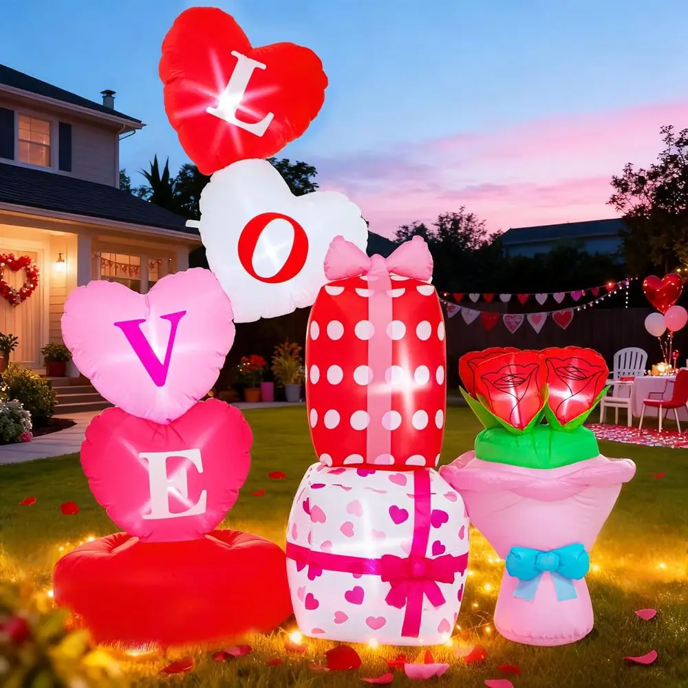 

Valentine Iatables Outdoor Decorations 6 FT Valentine's Day Iatable Love Gift Box Bouquet Blow Up Decor with LED Lights for Yard