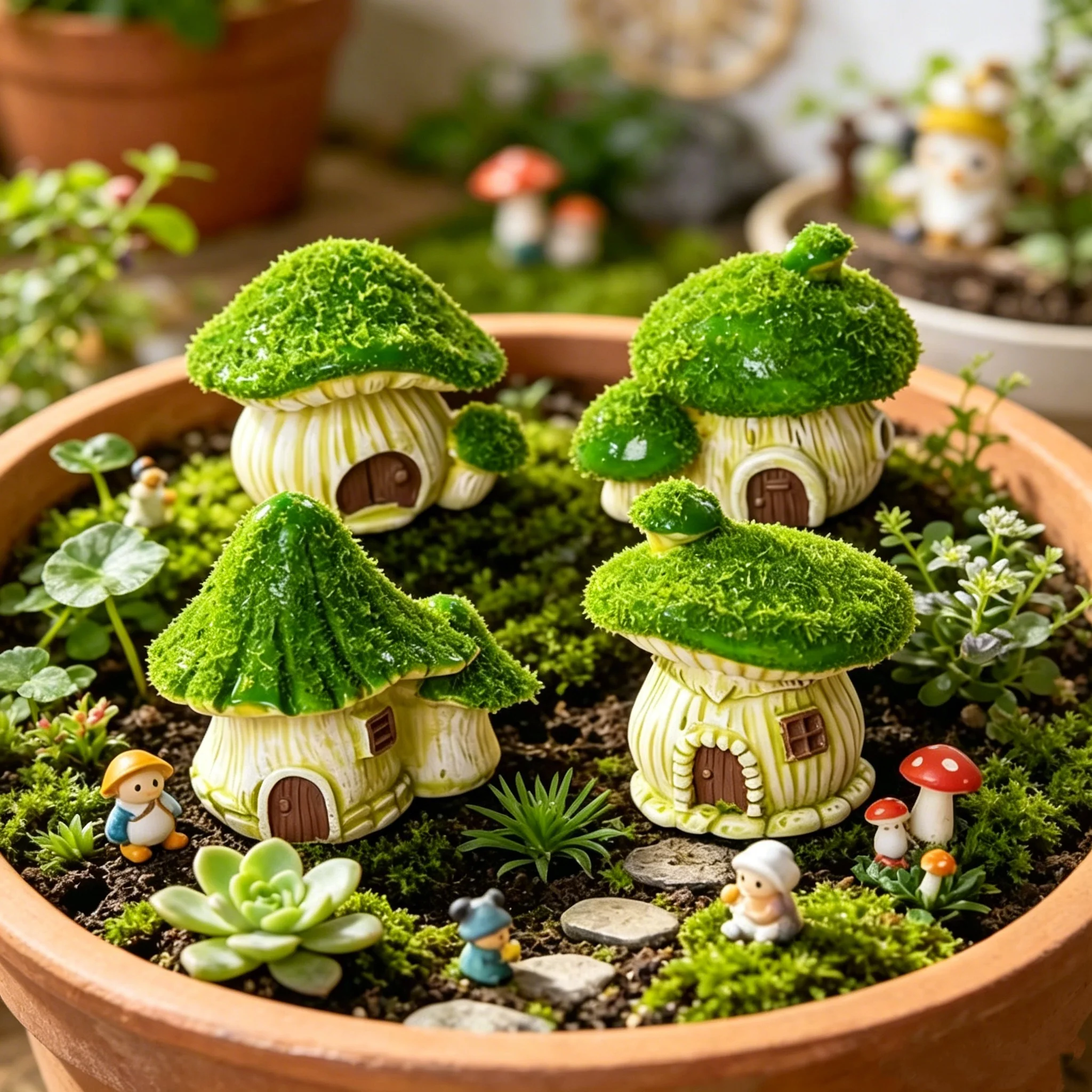 4Pcs/1Pc Small Landscape Mushroom House Ornaments, Cute Cartoon Moss House, Bonsai Garden Decoration Accessories, Desktop Ornaments