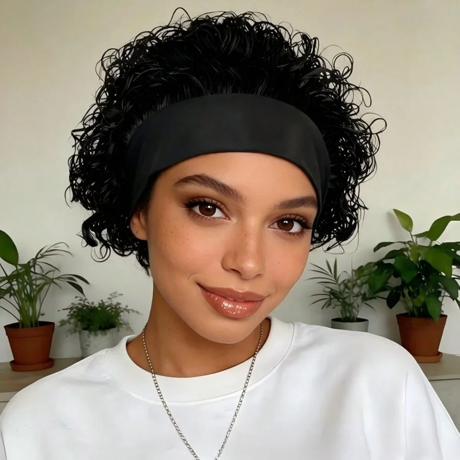 Short Curly Water Wave Headband Wig for Women Human Hair Natural Look Full Coverage Machine Made Wrap around Wig