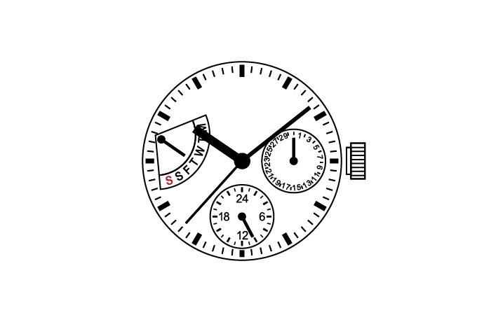 حركة ثواني صغيرة ، 6 أيدي ، VX3S ، VX3SE ، سلسلة VX3 ، 3.6.9 ، حجم 10 ، "، تاريخ ، 24 ساعة