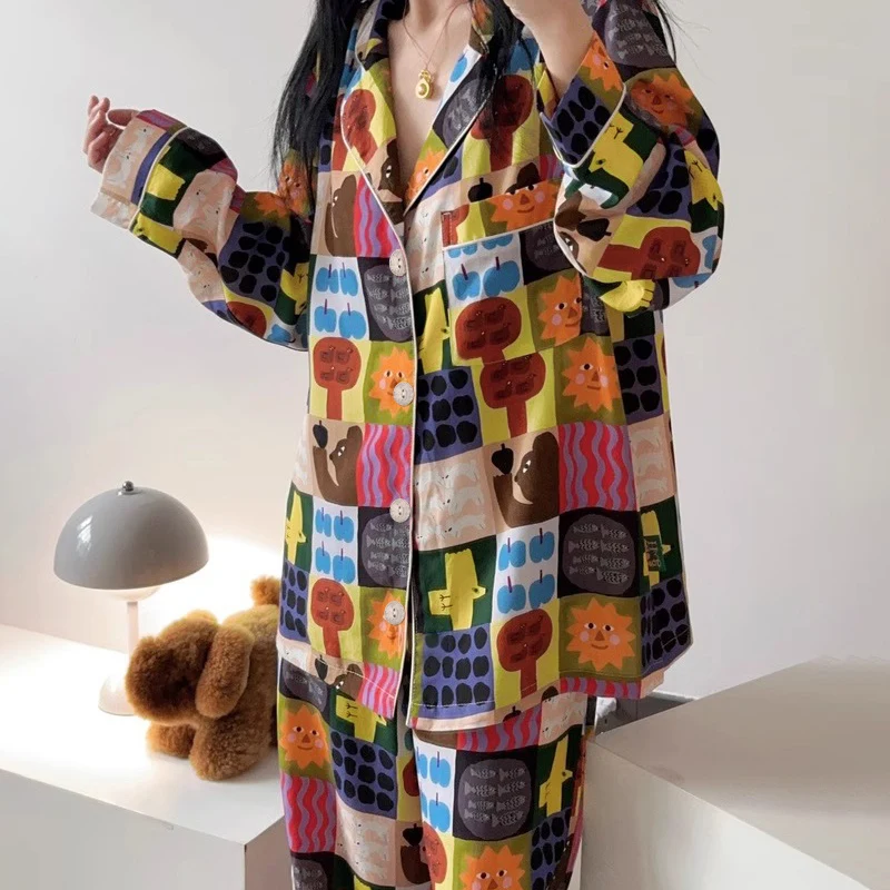 

2024 FallWinter New Arrival Two-Piece Set Literary Cartoon Cute Casual Lounge Wear for Women Retro-Chic Harajuku-Style Homewear