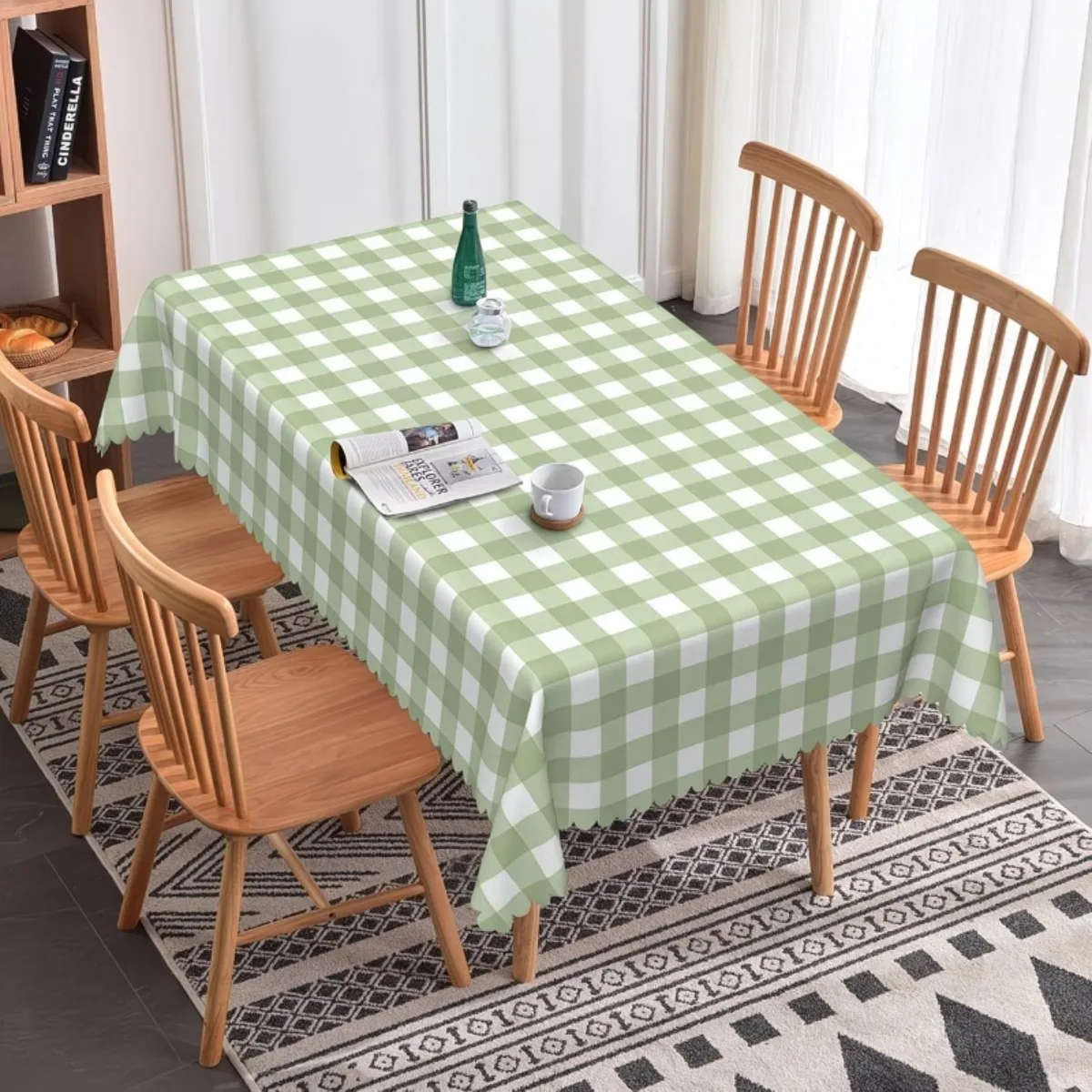 Rectangular checkered tablecloth - Green and white checkered tablecloth; Washable square checkered tablecloth