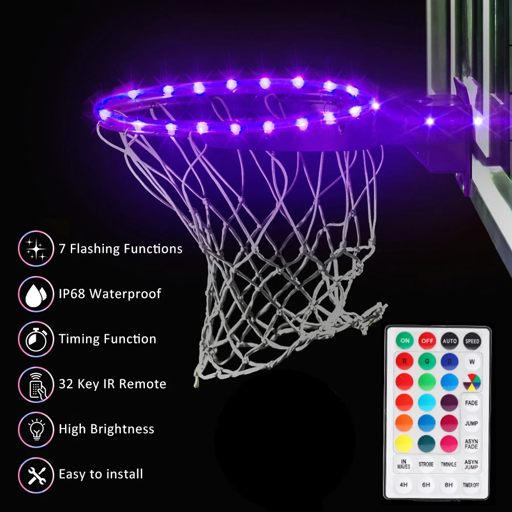 RGB LED Basketball Rim Strip Light 1.5M Battery Powered Remote Control Basketball Shooting Hoop Decoration Night Lamp Outdoor