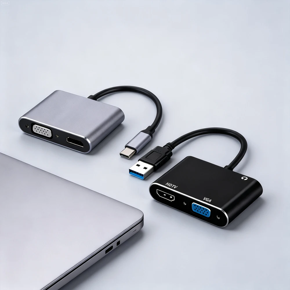 USB 3.0/TYPE-C to HDMI VGA Adapter with 3.5mm Audio Port, Dual Monitor Display Converter, USB to HDTV VGA Splitter for Laptop De