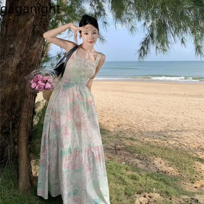 

Gaganight Vintage Dresses Women Oil Painting Sleeveless Square Collar Floral Holiday Backless Stretch Elegant Party Dress Casual