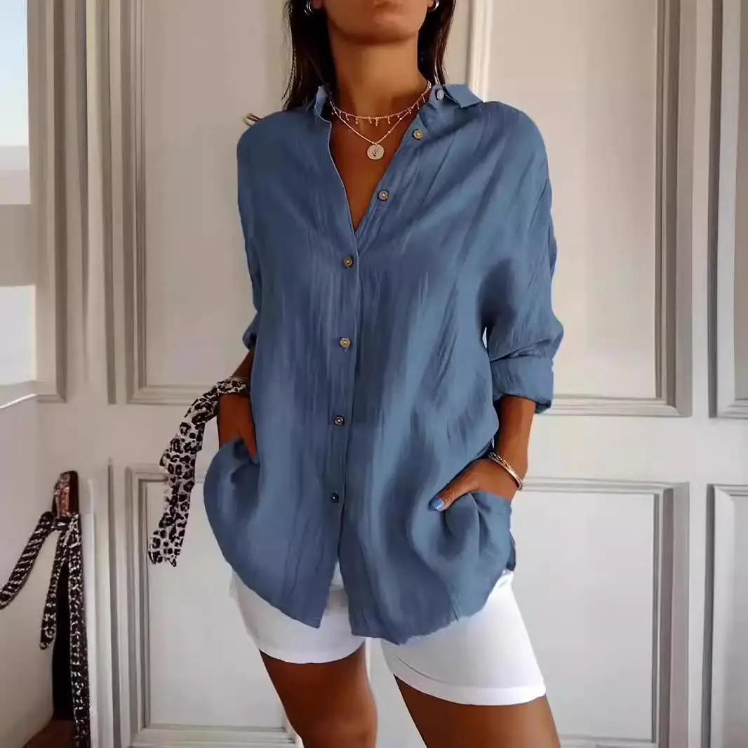 

Женская однотонная блузка с воротником и одной складкой, с длинным рукавом, не деформируется, для повседневной носки, модная