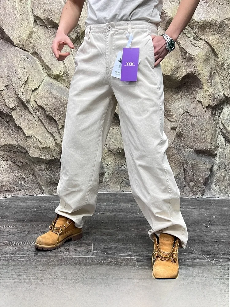 

mat Casual Pants Men's Wide Leg Cotton Tweed Texture Pure Color Line Straight Cut Button Fly Casual Trousers