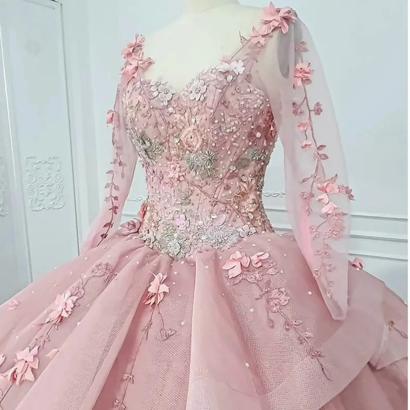 Customized Pink Long Sleeve Prom Dresses For 15 16 Year Old Girl Special Occasion Party Gown vestidos de 15 quinceañera 2024