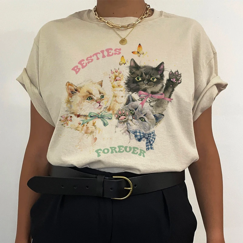 Besties Forever Women Oversized Cute Kitten T Shirt Vintage Aesthetic Cottagecore T-Shirts Cat Lover Shirt Female Fashion Tops