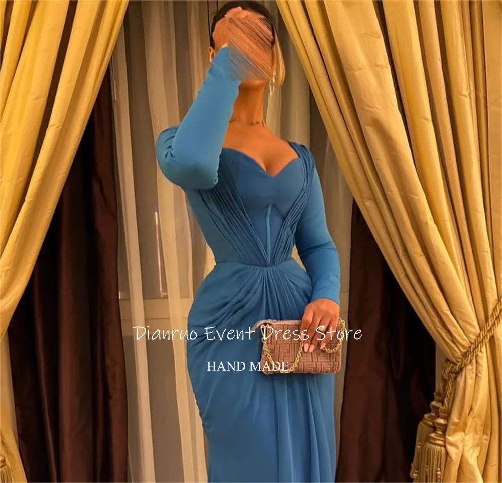 Dianruo Blau Geraffte Schatz Abendkleider Elegante Lange Ärmel Abendkleider Dubai Chiffon Kleider Für Frauen 2025, Angepasst