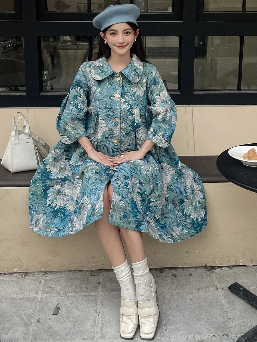 Spring New Jacquard Oil Painting Gentle Slim-fit Coat Women Doll Collar Loose Mid-length Ball Gown Skirt Trench Coat Plus Size