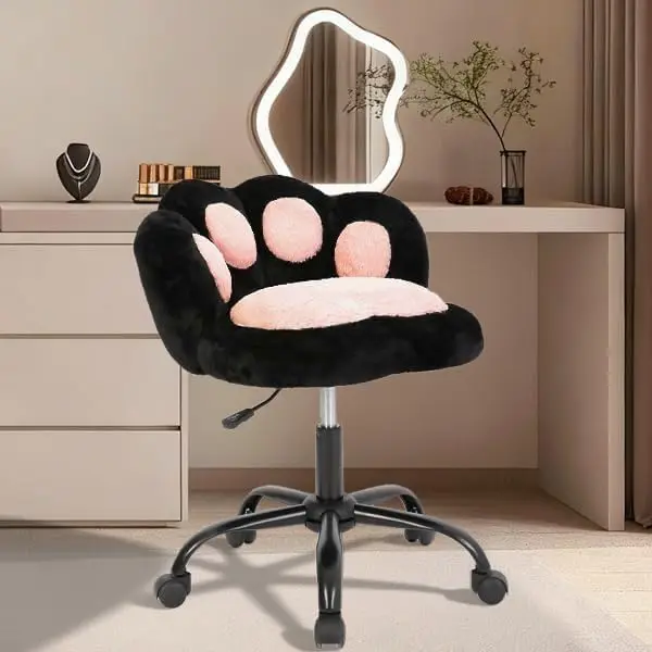 

Garvee Teddy Furry Cute Desk Chair with Wheels & Adjustable Height, Cat Paw Back Vanity Chair, 360° Rotating Armless Computer Chair for Bedroom Office Kids Room