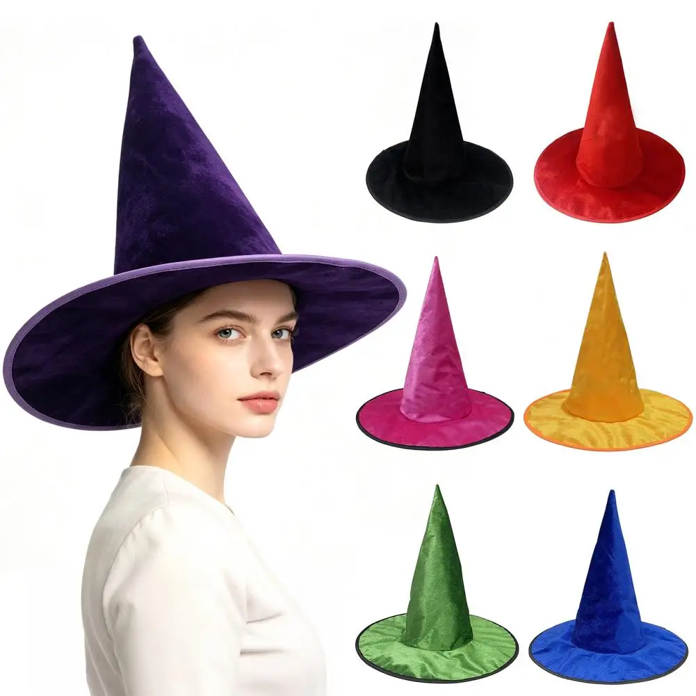 Velvet Witch Hat for Halloween Costume, Pointed Wizard Cap with Wide Brim, Dark Fantasy Festival Headwear
