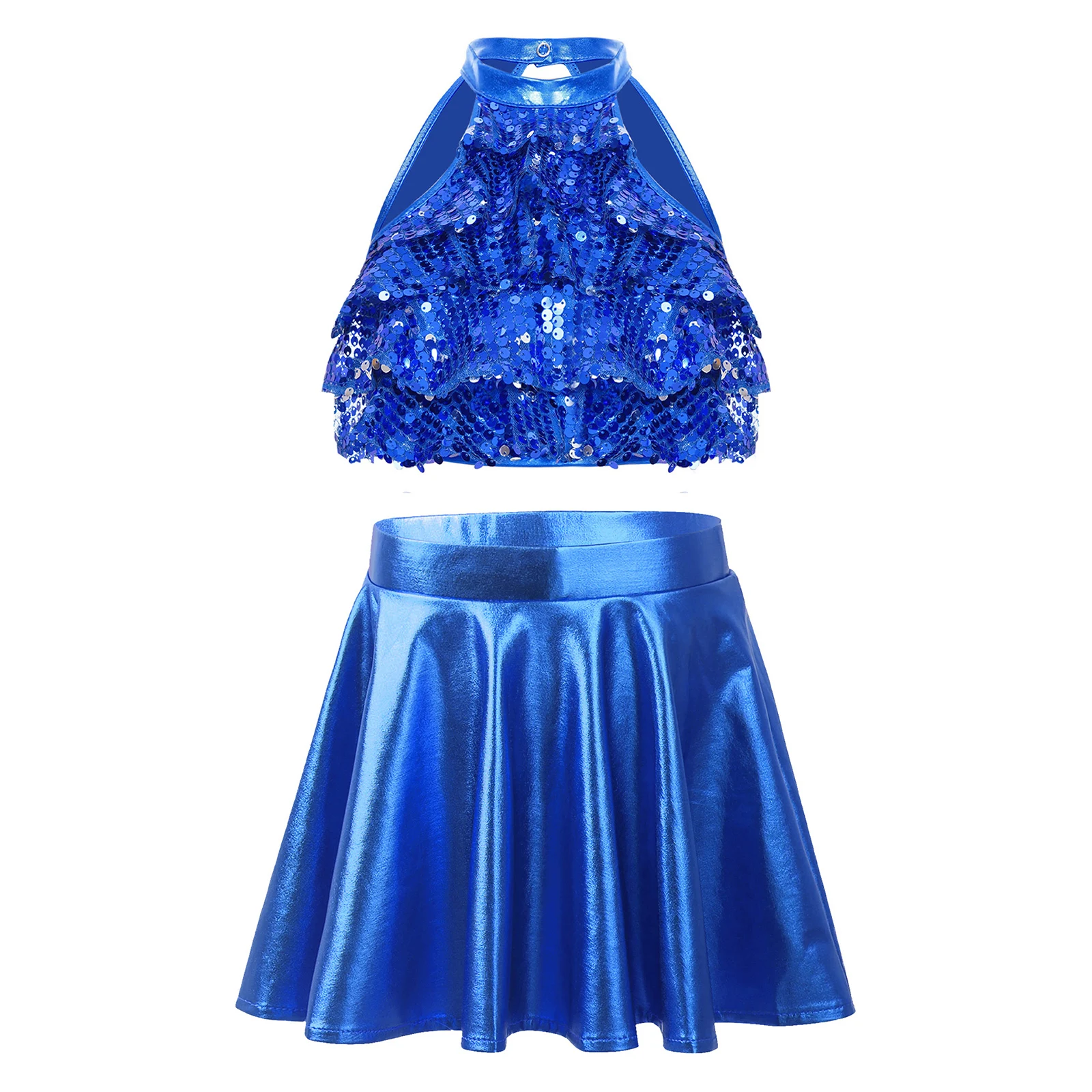 

Kids Girls Jazz Dance Costume Outfit Sleeveless Mock Neck Shiny Sequins Tiered Backless Crop Top with Metallic Ruffled Skirt Set