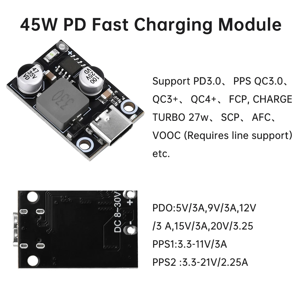 Type-C USB PD30W PD45W Fast Charging Adapter Module DC8-30V Supports PD3.0 QC3.0 SCP PPS Fast Charger 5V 9V 12V 15V 20V