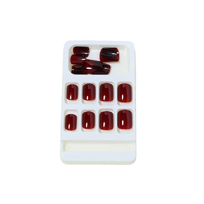 Faux Ongles Courts et Ronds Carrés avec Colle, Rouge Vin, 24 Pièces, N64.Set