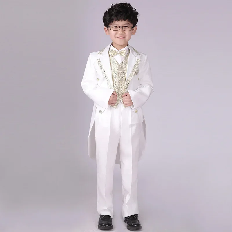 England Style Tuxedo Suits Boys Clothes Set Kids Formal Wedding Blazer Swallow-tailed Coat Kids Party Bow Tie Clothing 5PCS/Set