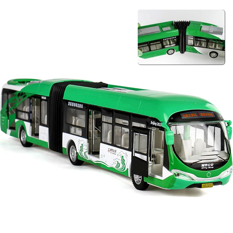 1: 32 Articulated Double Section Bus Car Model Pull Back Sound and Light Collection Toys for Boys