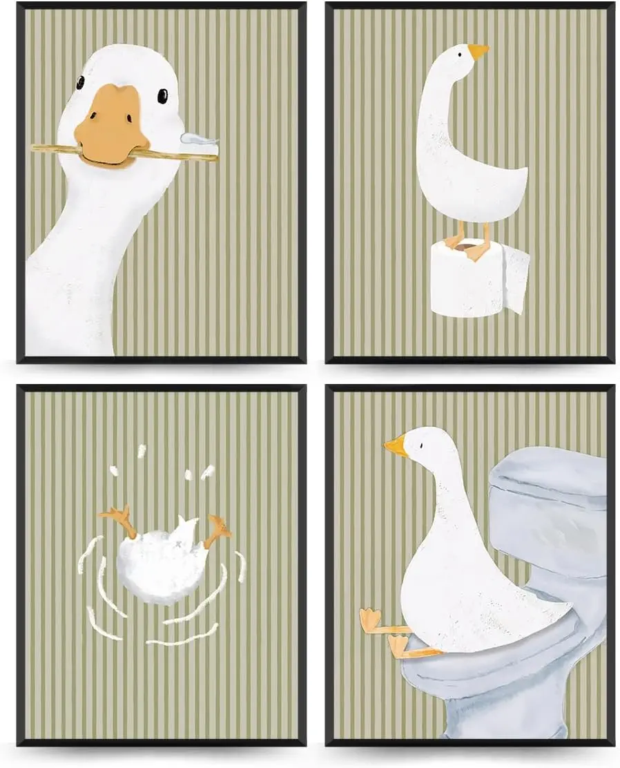 Four-panel Quirky White Goose Canvas Painting for Bathroom - Fun and Cute Bathroom Decoration - Frameless