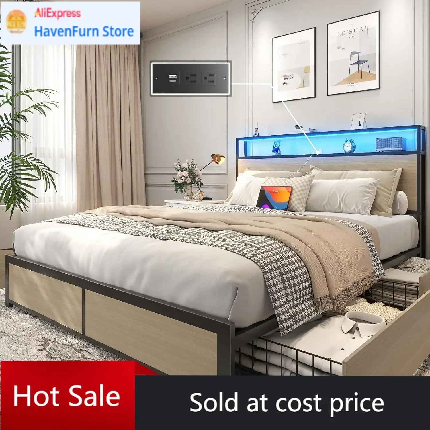 Activity priceQueen Bed Frame With Headboard Drawers Metal Platform Charging Station Led Noise Free No Box Spring Needed
