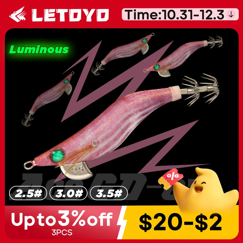 LETOYO-Cebo de calamar luminoso, anzuelo Artificial que se hunde para pulpo, sepia, mar, 2,5-3,5 #