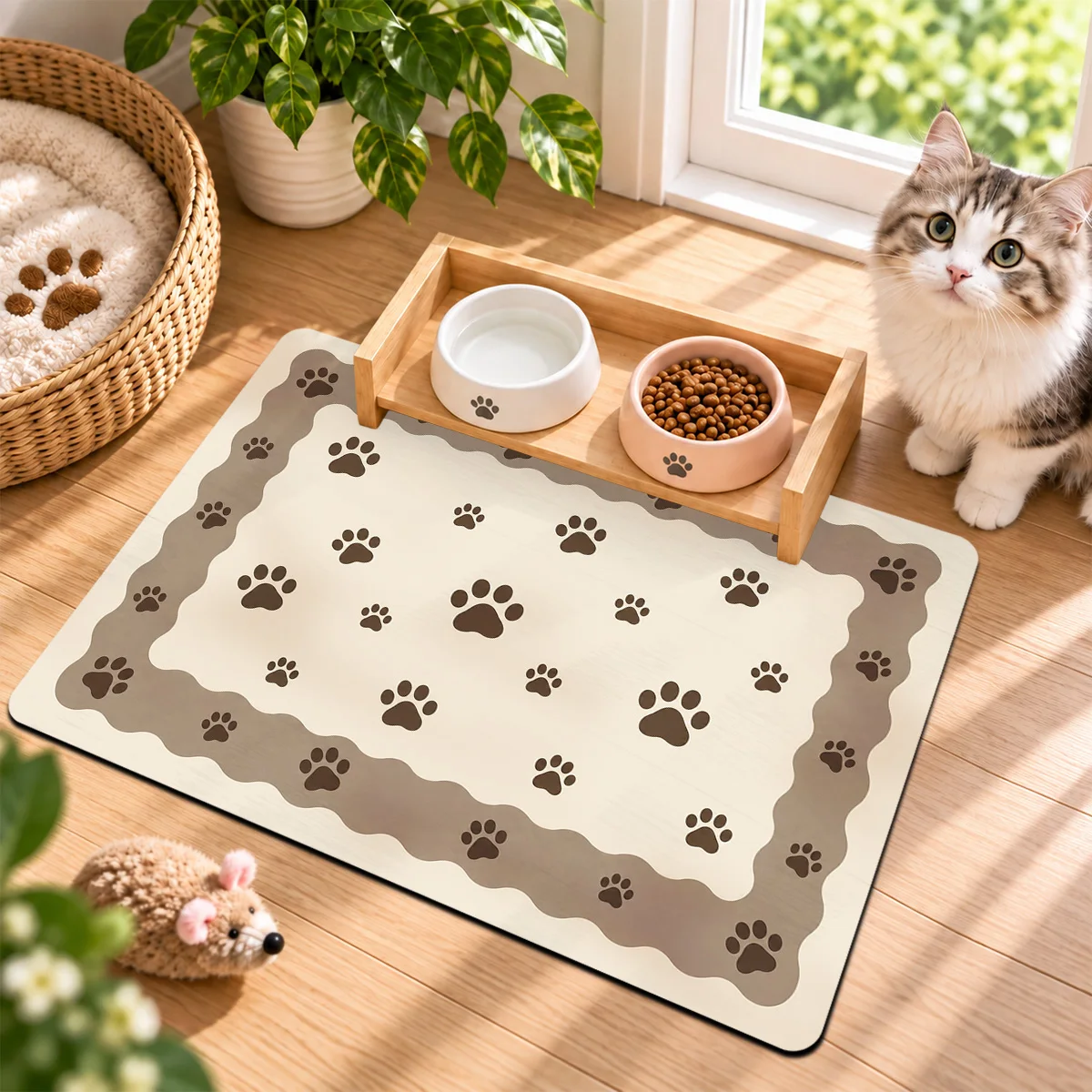 Neutral Paw Print Wavy Border Pet Feeding Mat, Stylish Decor Pet Bowl Placemat for Indoor Pet Feeding Spot