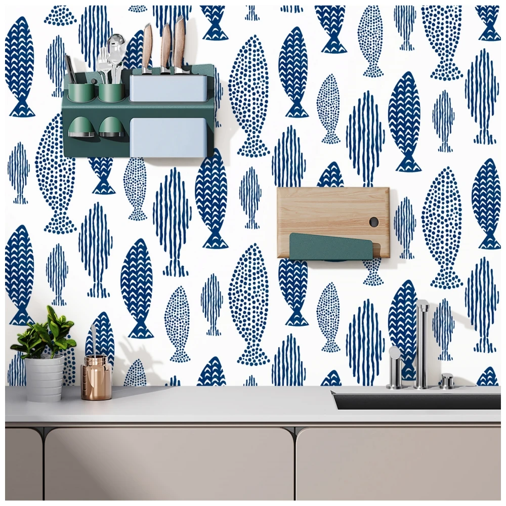 Peel and Stick Wallpaper Abstract Underwater World Fish Trellis Indigo Blue Removable Contactpaper for Home Bathroom Decorations