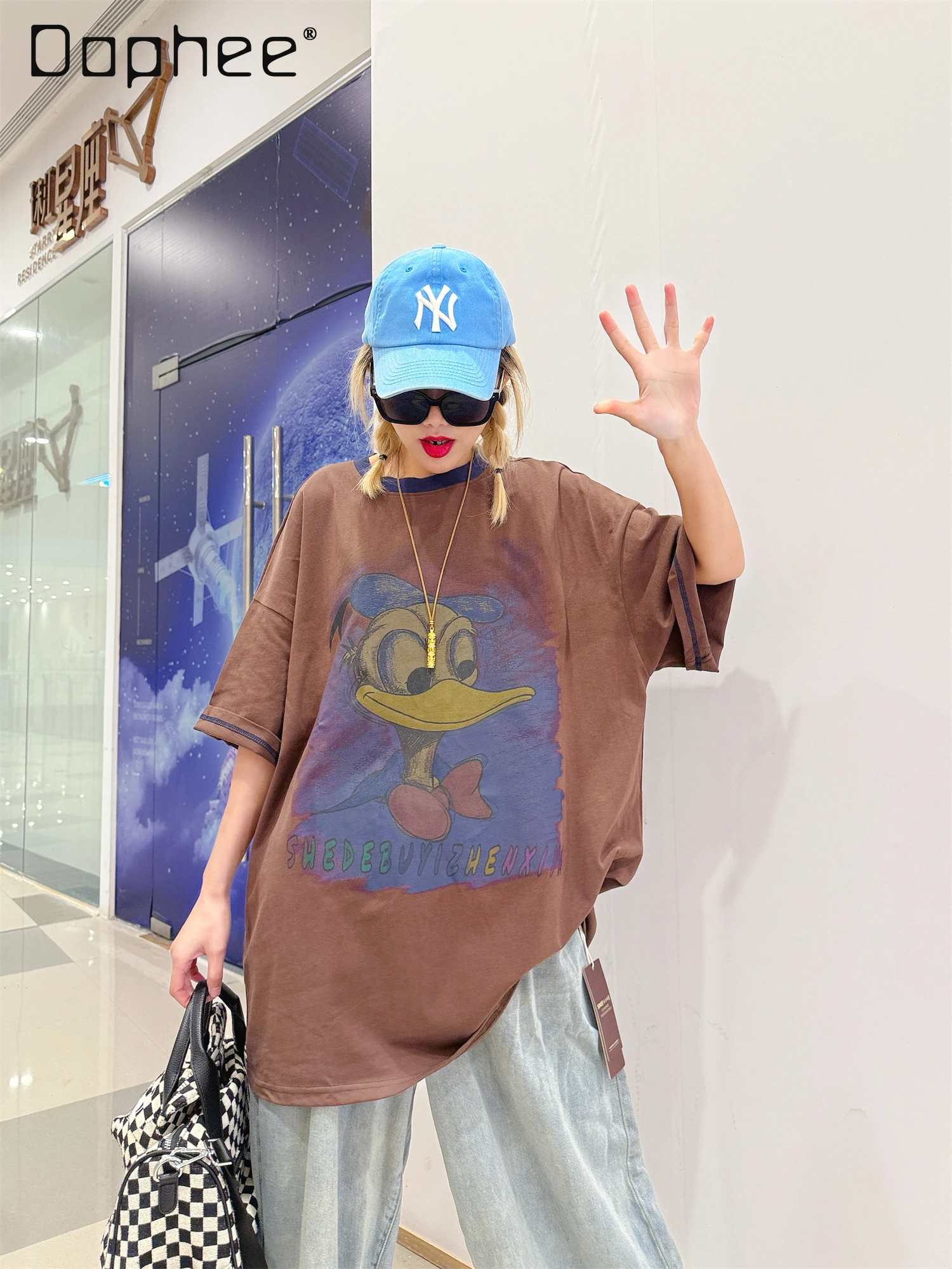 

Oversize Pure Cotton T-Shirt for Women Summer Loose Fit Tee Cartoon Letters Trendy New Boy Ffiend Style Short Sleeve T-Shirt
