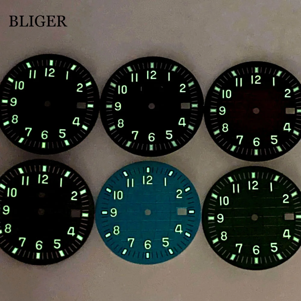 BLIGER 33mm Watch Dial Luminous Fit NH35 NH35A Movement Date Window Red Blue Black Green Earth Pattern Watch Parts