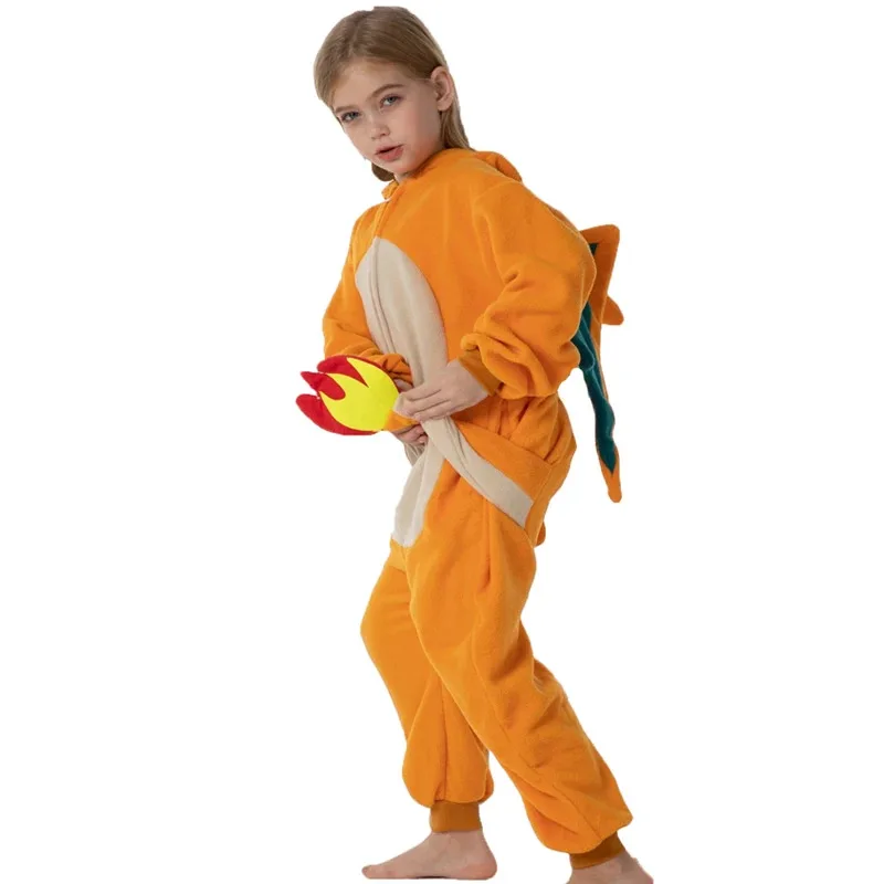 بيجامة قطعة واحدة للأطفال على شكل تنين كرتوني للأطفال على شكل حيوانات الهالوين للأولاد والبنات باللون البرتقالي بيجامات أنيمي Kigurumi