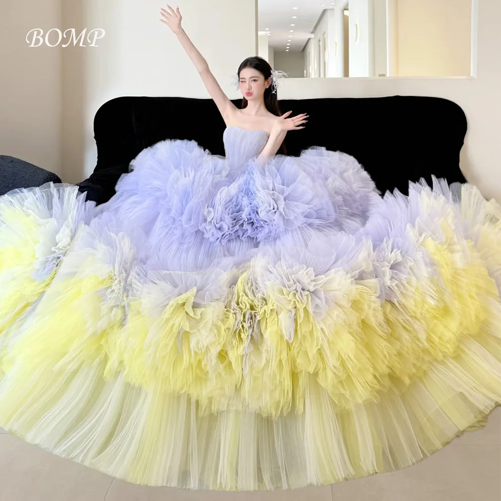 

BOMP Fairy Strapless Candy Color Tulle Evening Dress Ruffles Tiered Korea Wedding Photo shoot Prom Gowns Long Party Customized