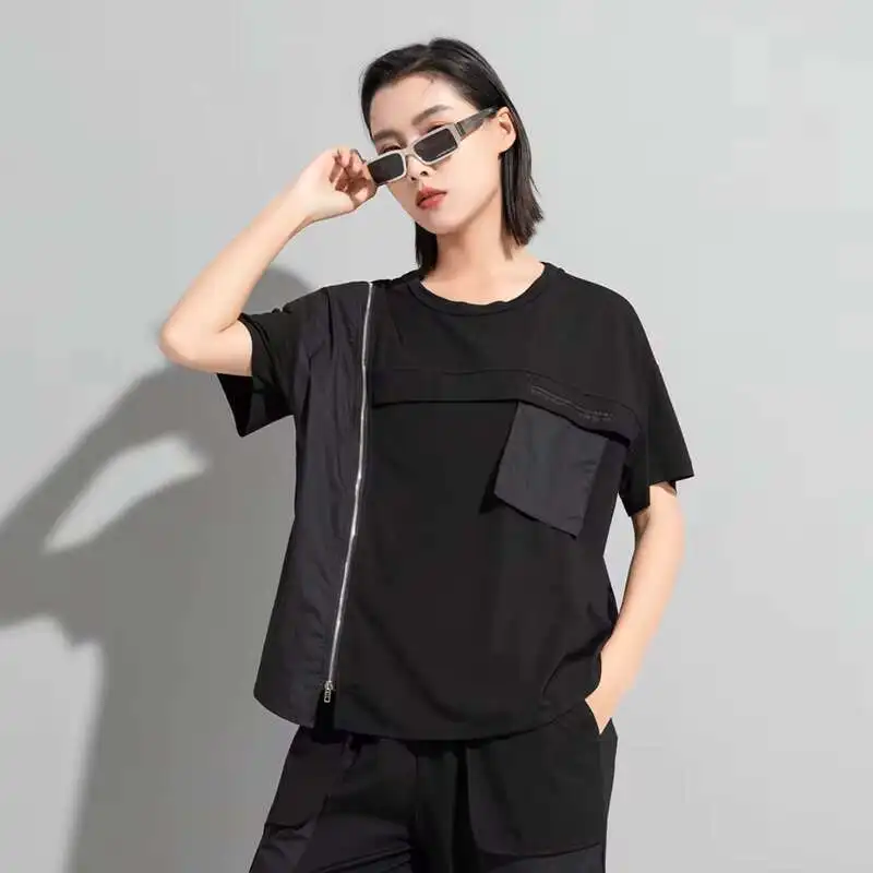 Ladies Short Sleeve Summer New Dark Personality Stitching Zipper Design Casual Loose Large Size Short Sleeve T-Shirt