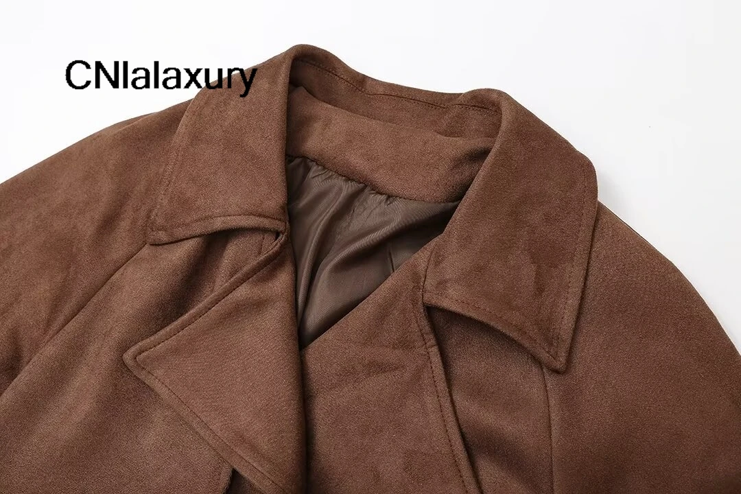 Elegant Suede Leather Chocolate Belt Long Coat Fashion Double Button Lapel Oversize Jacket Fashion New Autumn Street Windbreaker