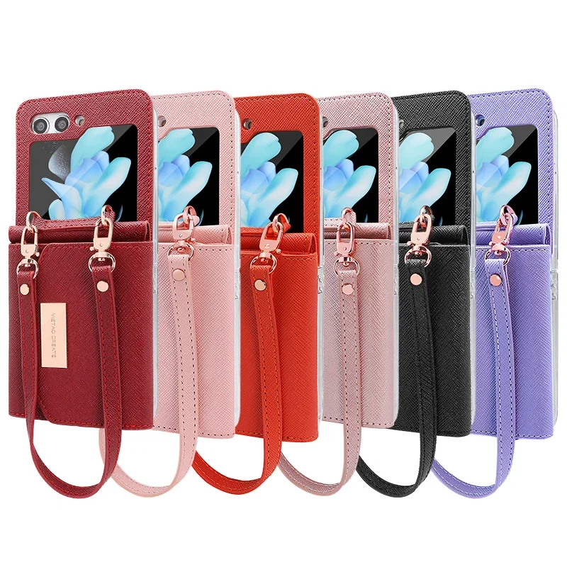 Multi Cards Solt Wallet Leather Case For Samsung Galaxy Z Flip 6 5 4 3 Flip4 5G Purse Bag Hand Strap Skin Feeling Back Cover