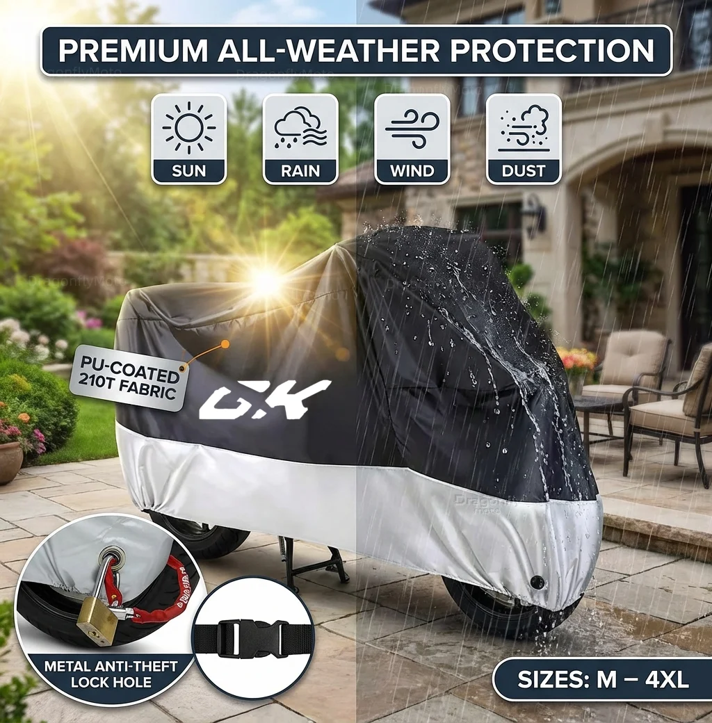 

Универсальный всесезонный чехол для мотоцикла Zontes GK 125/GK 155/GK 125X, серебристо-черный, водонепроницаемый, пылезащитный, с защитой от ультрафиолета