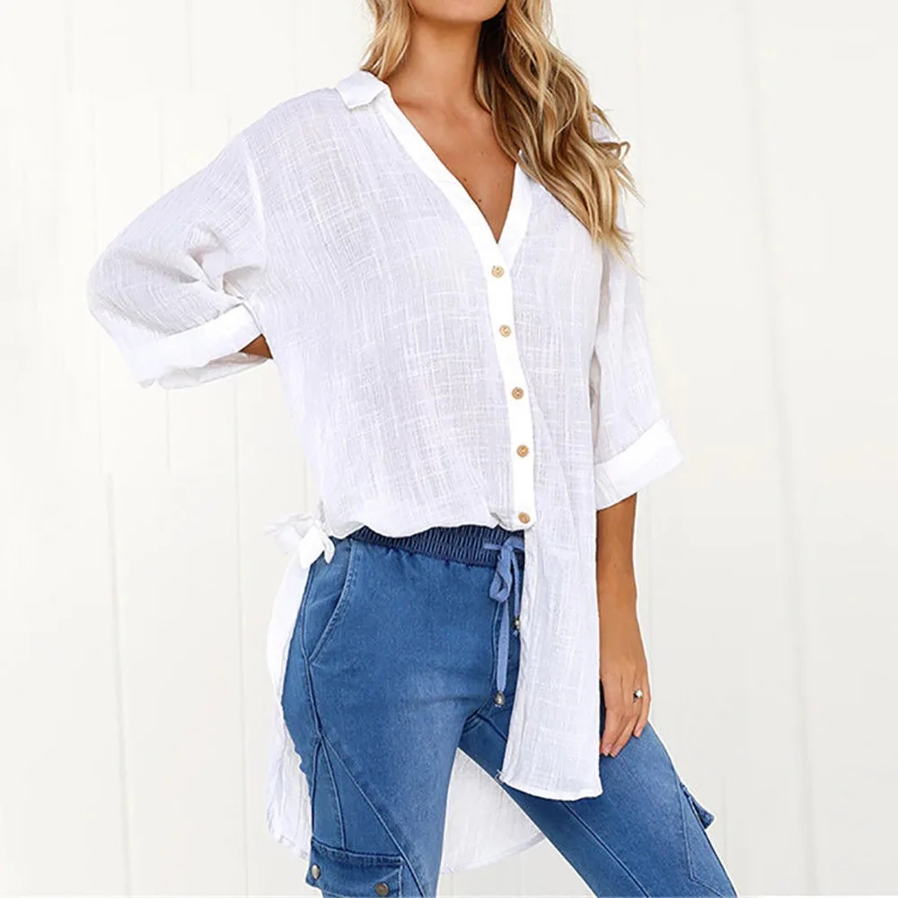 

Cotton Long Blouses For Women Casual Side Knot Plus Size T-Shirt Summer Mujer Loose Button Up Linen Shirts Women's Casual Tee