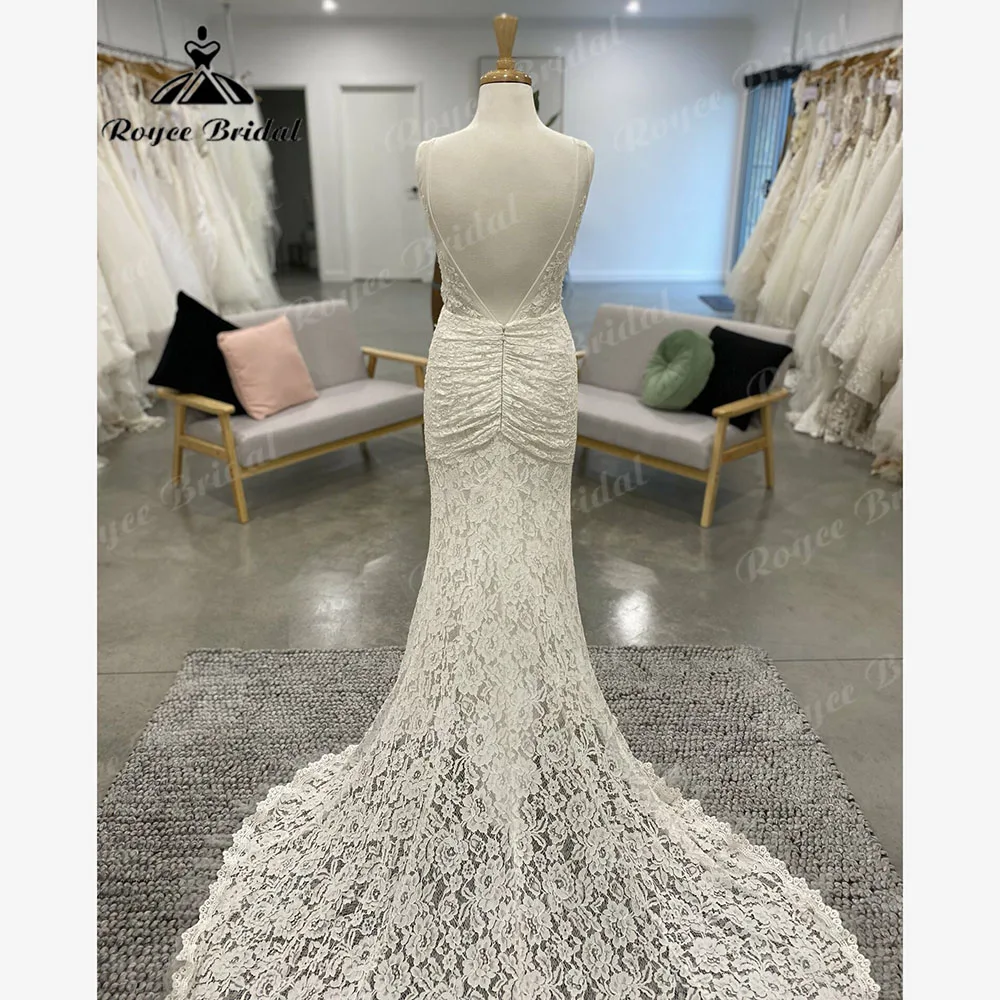 Vintage V Neck Sleeveless Boho Full Lace Mermaid Wedding Dress for Women 2024 Backless Bridal Gown Custom Made abito sposa Sexy