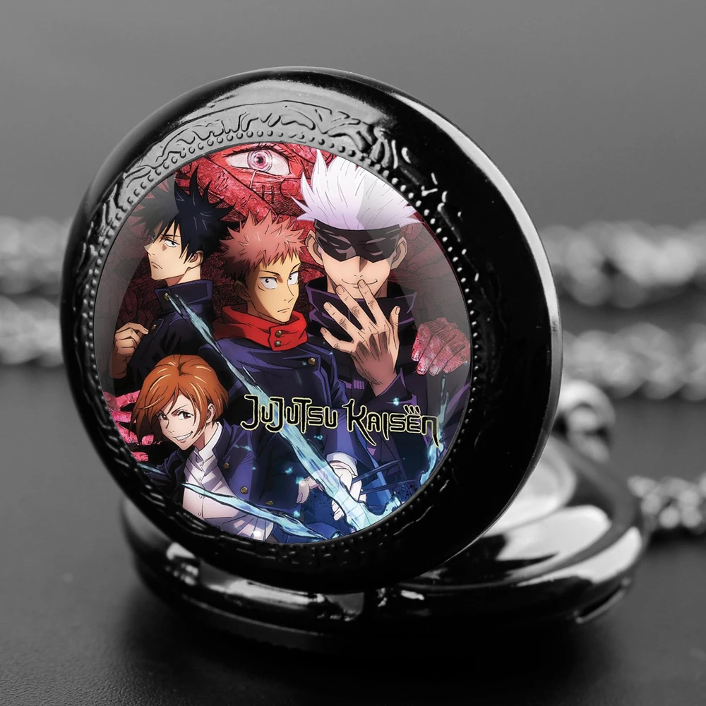 New Quartz Pocket Watch Classic Anime Jujutsu Kaisen Theme Glass Dome Arabic Numerals Pendant Necklace Men Womens Gift