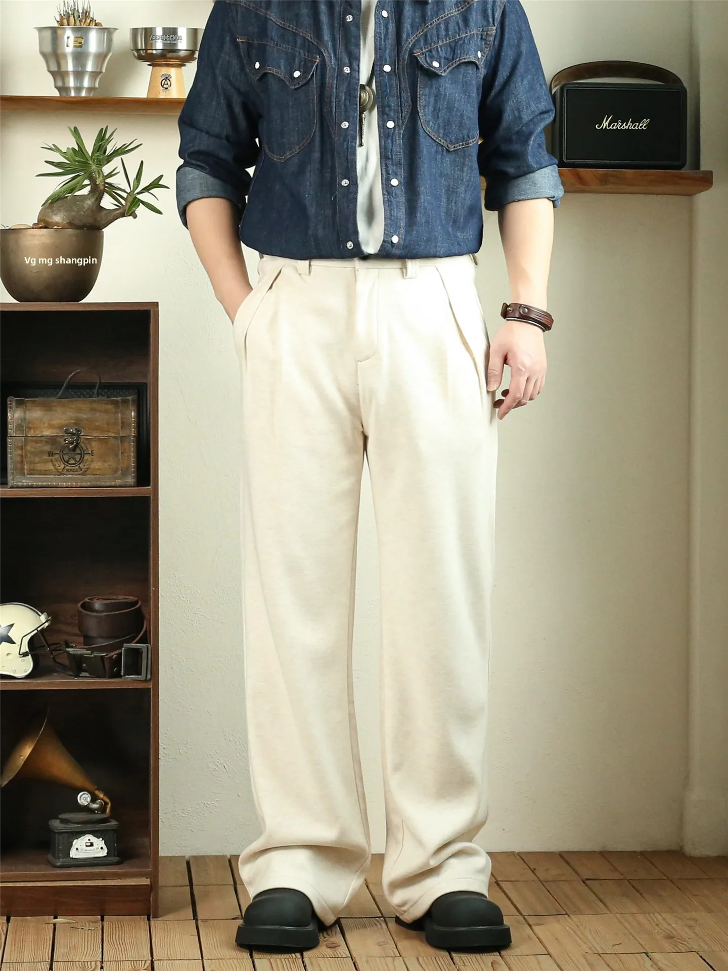 

Утепленные драпированные повседневные брюки из шерсти, теплые спортивные штаны свободного прямого кроя, широкие брюки для города, мужские длинные брюки на осень-зиму