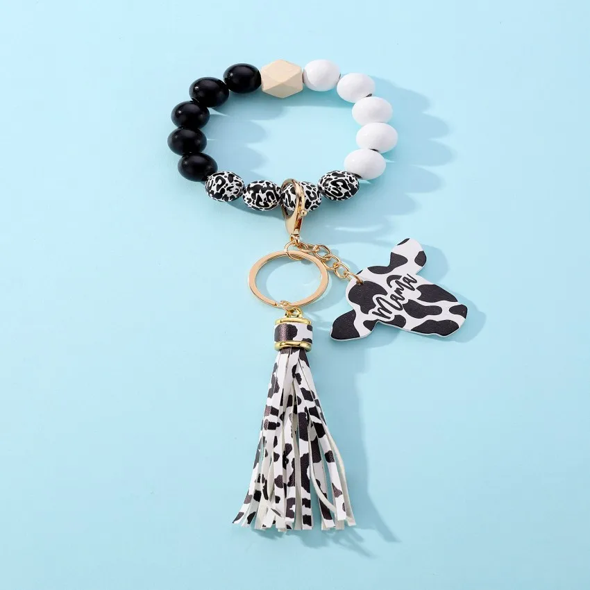 New European and American Tassel Wood Beads Keychain Cow Wood Tag Pendant Bracelet Pendant Creative Gift Cute Keychain