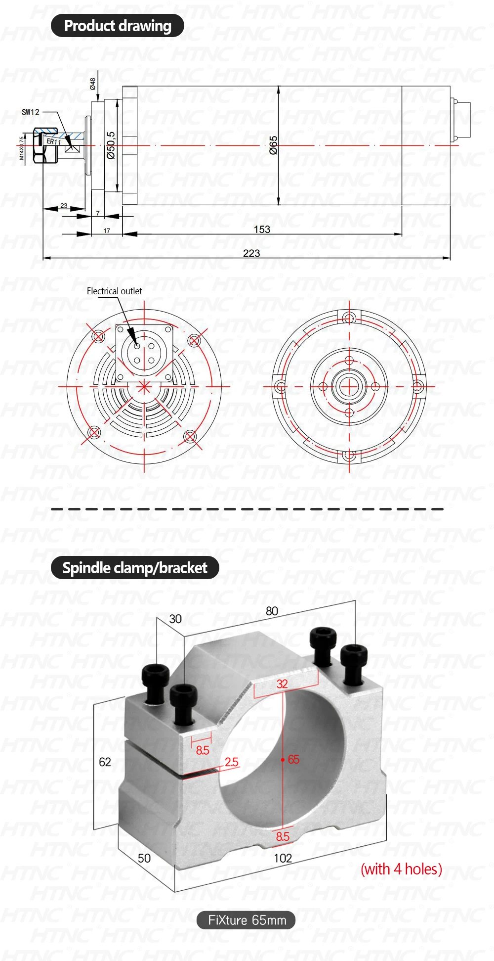 0,8 kW CNC-Spindelmotor ER11 800 W 24000 U/min 110 V/220 V + 1,5 kW VFD 50/60 Hz 65 mm Halterung Spannzangen inklusive für DIY-Gravur und Fräsen – Detail 5