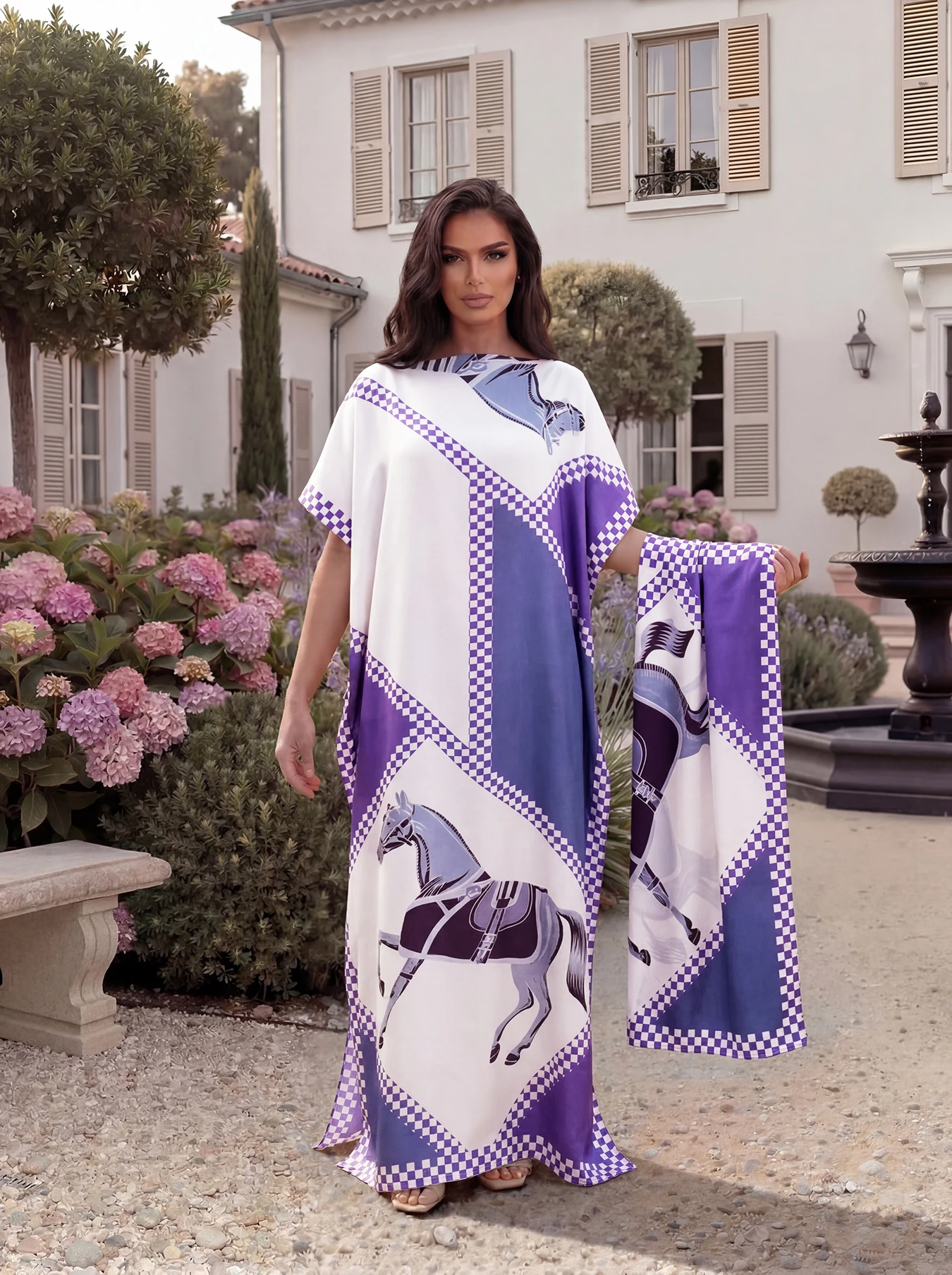 Checkered Diamond Horse Print Satin Abaya Scarf Set, Loose Batwing Kaftan For Muslim Women Summer Holiday Beach Wear view 5