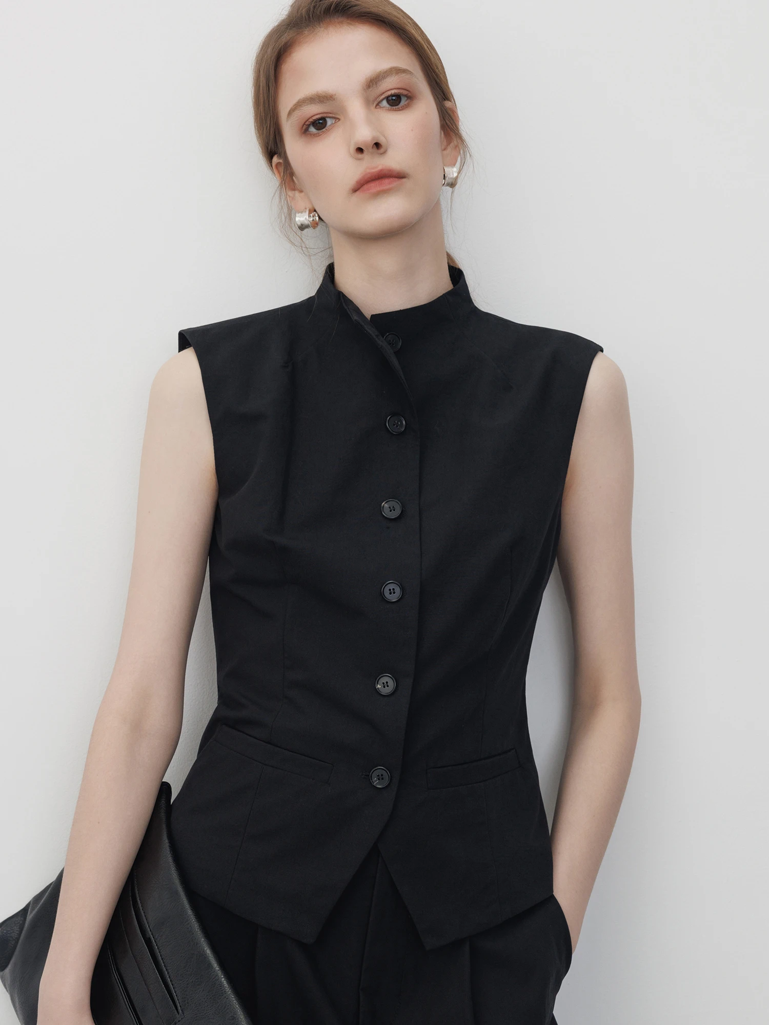 

Женский летний модный топ без рукавов Slim Fit с воротником-стойкой, черный, в винтажном стиле, из смесового хлопка, удобный, дышащий